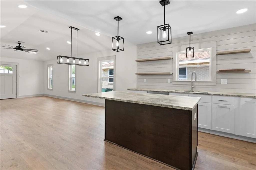 Renovated kitchen and open living area.