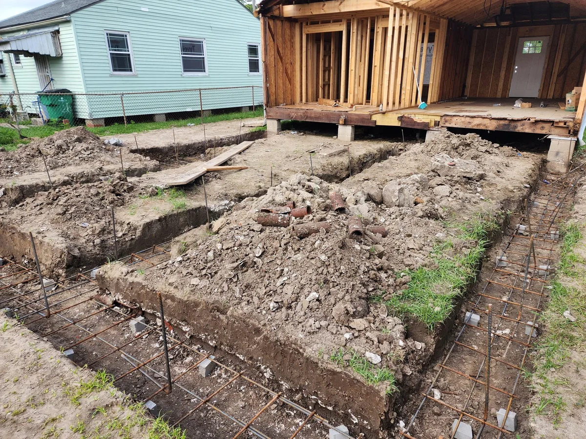 During construction: foundation work for the rebuilt addition.
